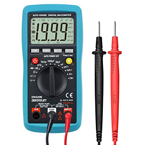 allsun Auto-Ranging Digital Multimeter Capacitance Test Multi Tester Electrical Test Tools AC DC Amp Volt Temp OHM DMM Auto Power Off Backlight Max.Reading 1999 EM420B