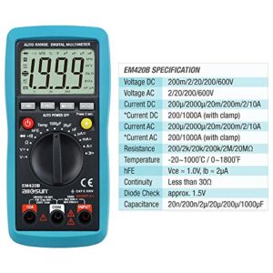 allsun Auto-Ranging Digital Multimeter Capacitance Test Multi Tester Electrical Test Tools AC DC Amp Volt Temp OHM DMM Auto Power Off Backlight Max.Reading 1999 EM420B