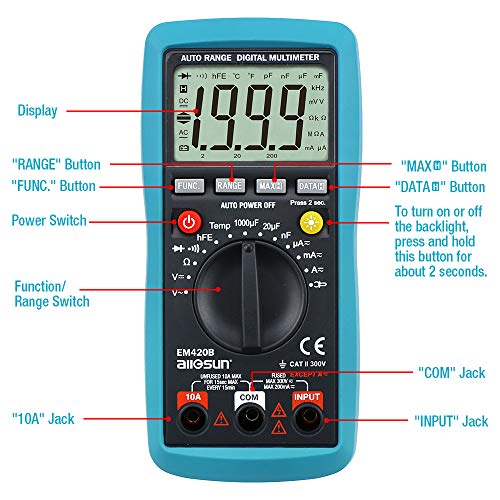 allsun Auto-Ranging Digital Multimeter Capacitance Test Multi Tester Electrical Test Tools AC DC Amp Volt Temp OHM DMM Auto Power Off Backlight Max.Reading 1999 EM420B