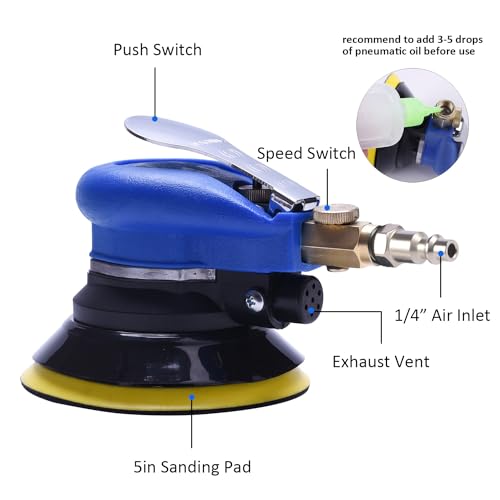 5 inch Pneumatic Orbital Sander Air Sander Palm Da Sander Hook and Loop Air Powered and Swirl Free by ZHONG AN