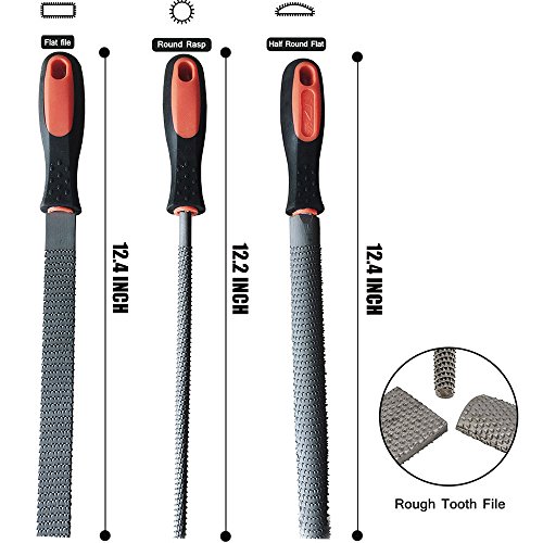 YCAMMIN 8" Wood Rasp File Set with Rubber Grip - Includes Hand Cut Round, Half-Round, and Flat Rasp File Kit - Curved and Flat Tools(3 Pcs) The Color of Packing Bag is Random