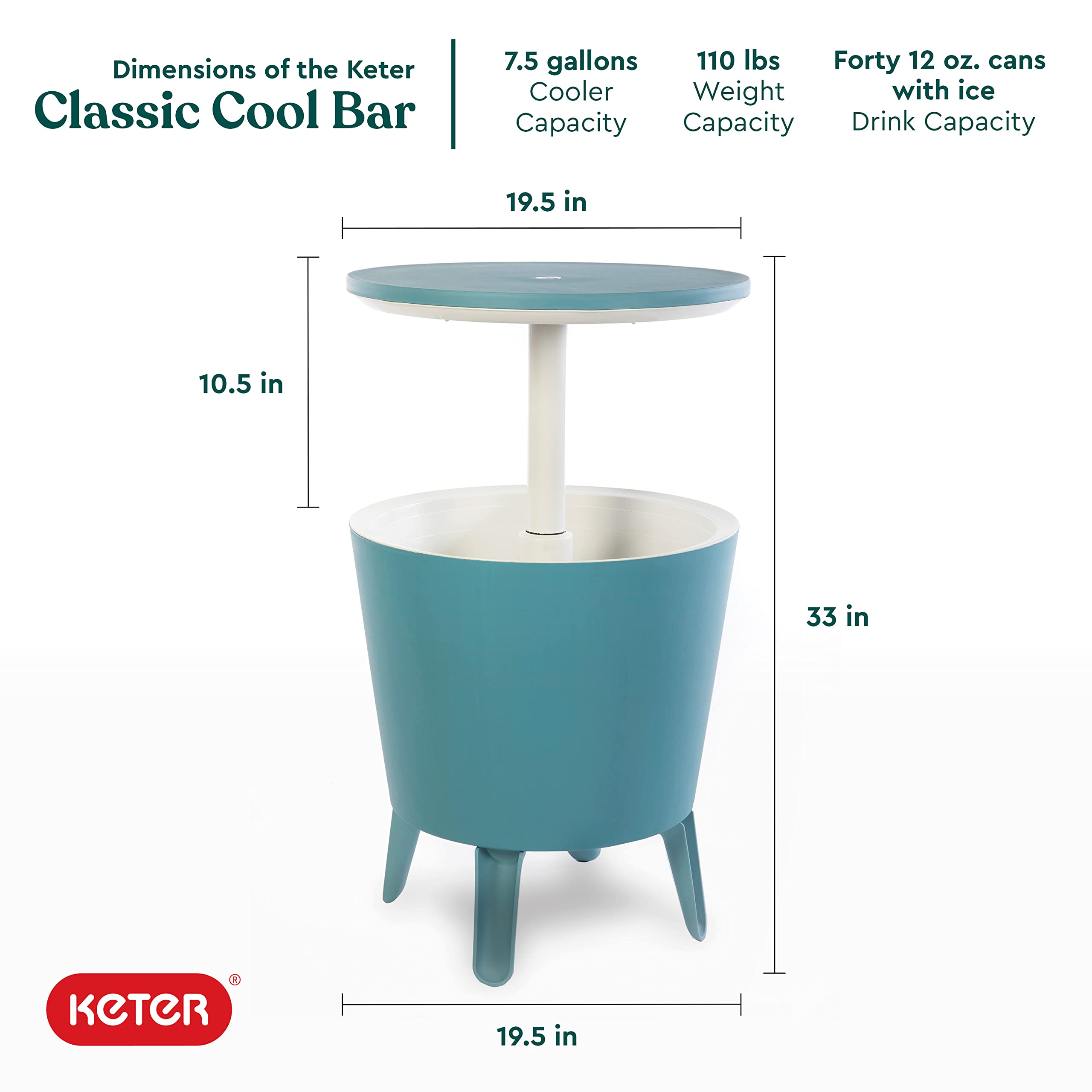 Keter Modern Cool Bar Outdoor Patio Furniture and Hot Tub Side Table with 7.5 Gallon Beer and Wine Cooler, Teal