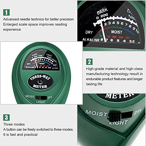 SONKIR Soil pH Meter, MS01 3-in-1 Soil Moisture/Light/pH Tester Gardening Tool Kits for Plant Care, Great for Garden, Lawn, Farm, Indoor & Outdoor Use