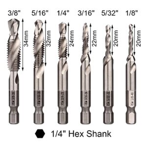 Wolfride 6Pcs 1/4-Inch Hex Shank Combination Drill and Tap Bit Set Metal Deburr Countersink Drill Bit 1/8 inch-3/8 inch