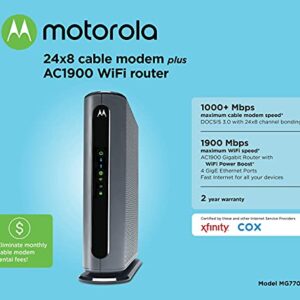 Motorola MG7700 Modem WiFi Router Combo with Power Boost | Approved by Comcast Xfinity, Cox and Spectrum | for Cable Plans Up to 800 Mbps | DOCSIS 3.0 + Gigabit Router