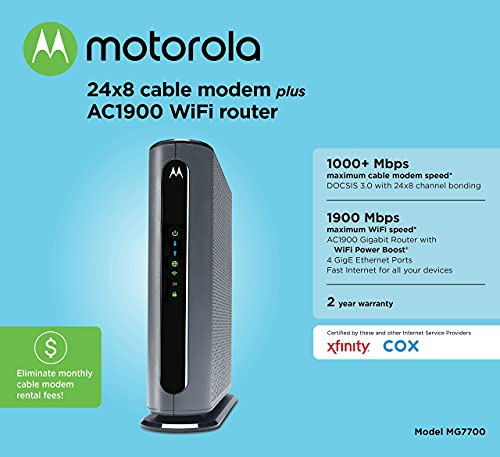 Motorola MG7700 Modem WiFi Router Combo with Power Boost | Approved by Comcast Xfinity, Cox and Spectrum | for Cable Plans Up to 800 Mbps | DOCSIS 3.0 + Gigabit Router