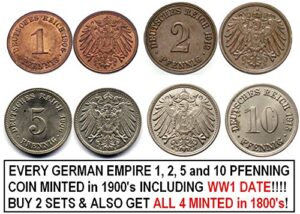 de 1915 set of every german empire 1, 2, 5 and 10 pfennig coin minted in bronze and copper-nickel1900-1918 including ww1 date(s)! buy 2 sets get every one from 1800's, too!! very fine or better