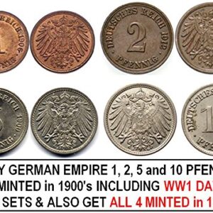 DE 1915 SET OF EVERY GERMAN EMPIRE 1, 2, 5 and 10 PFENNIG COIN MINTED IN BRONZE and COPPER-NICKEL1900-1918 INCLUDING WW1 DATE(S)! BUY 2 SETS GET EVERY ONE FROM 1800's, TOO!! Very Fine or Better