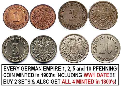 DE 1915 SET OF EVERY GERMAN EMPIRE 1, 2, 5 and 10 PFENNIG COIN MINTED IN BRONZE and COPPER-NICKEL1900-1918 INCLUDING WW1 DATE(S)! BUY 2 SETS GET EVERY ONE FROM 1800's, TOO!! Very Fine or Better