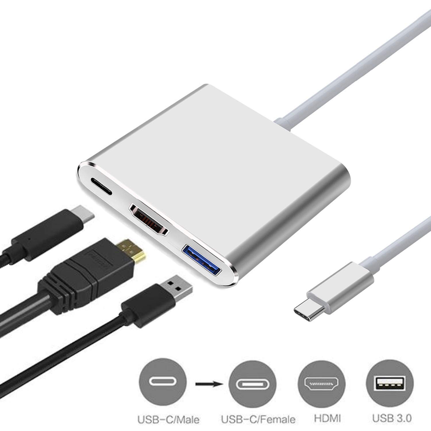 USB-C to HDMI Adapter (Supports 4K / 30Hz) - Type- C 3 in 1 Converter Cable for 2017/2018 MacBook Pro, MacBook, Mac Pro, iMac, Chromebook, & More USB 3.0 Type-C Devices
