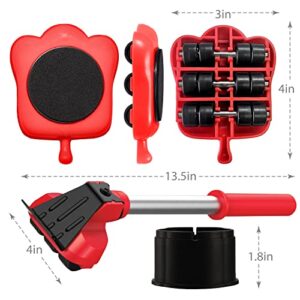 Heavy Duty Furniture Lifter with 4 Sliders for Easy Moving, Appliance Roller Suitable for Sofas, Couches and Refrigerators, Adjustable Height [Load Capacity: 660lbs Per Wheel], Red