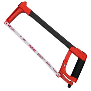 hautmec 12 inch adjustable hacksaw frame with blade cabin, heavy duty 45°/90°2 sawing angles, 24 tpi high tension bi-metal hss blade, for metal, steel pipe, pvc, wood ht0015-ct