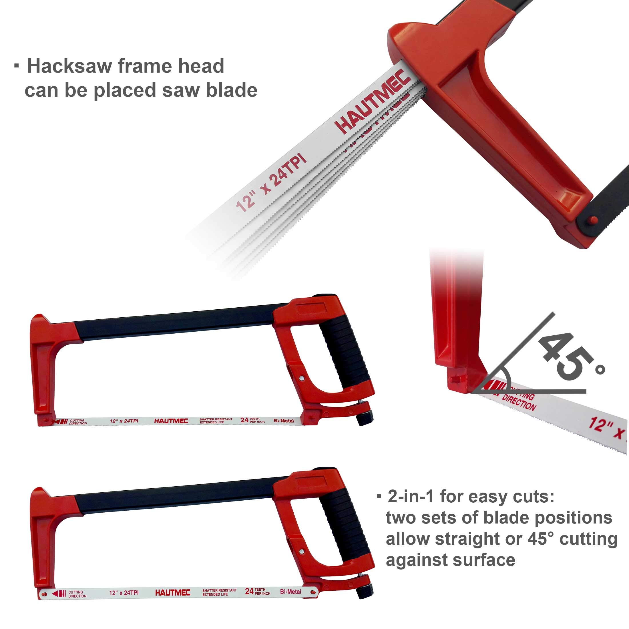 HAUTMEC 12 Inch Adjustable Hacksaw Frame With Blade Cabin, Heavy Duty 45°/90°2 Sawing Angles, 24 TPI High Tension Bi-metal HSS Blade, for Metal, Steel Pipe, PVC, Wood HT0015-CT