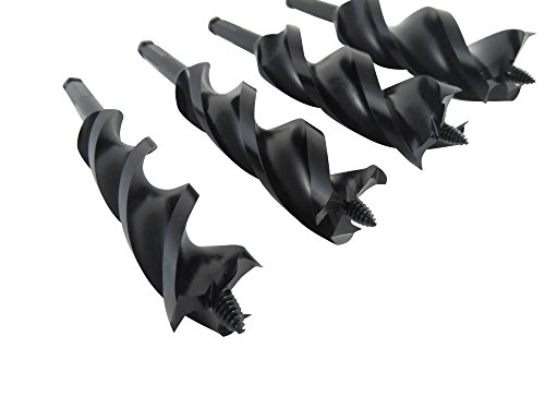 WoodOwl 4 Piece Set Large Bits with Sizes 1-1/8", 1-1/4", 1-3/8" and 1-1/2" x 7-1/2” Long Ultra Smooth Tri Cut Auger Hand Brace Boring Bit PTEE Coated 09715 to 09719