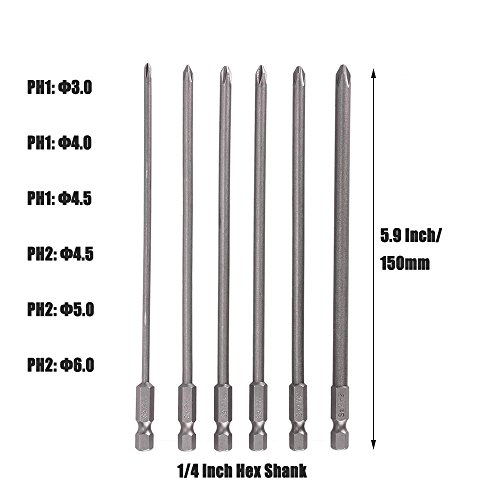 Yakamoz 6Pcs 1/4 Hex Shank Magnetic Cross Phillips Screw Head Screwdriver Bits Set Power Tools | 5.9-Inch Length