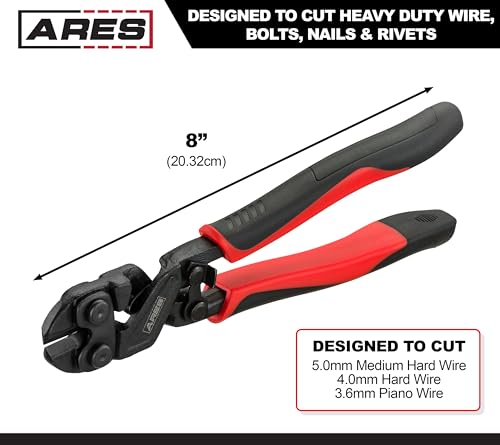 ARES 70664-8-Inch Mini Bolt Cutter - Chrome Moly Steel Construction & Induction Hardened Cutting Edges - Designed for Heavy Duty Wire, Bolt, Nail & Rivet Cutting