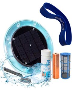original solar pool ionizer | 85% less chlorine | lifetime replacement program | kill algae in pool | high efficiency | keeps pool cleaner and clear | clarifier | free buddy band | up to 35,000 gal