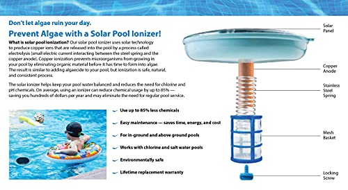 Original Solar Pool Ionizer | 85% Less Chlorine | Lifetime Replacement Program | Kill Algae in Pool | High Efficiency | Keeps Pool Cleaner and Clear | Clarifier | Free Buddy Band | Up to 35,000 Gal