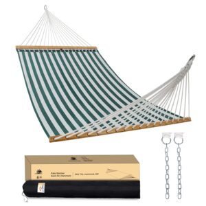 patio watcher 14 ft quick dry hammock with double size solid wood spreader bar outdoor patio yard poolside beach hammock with chains, waterproof and uv resistance, 2 person 450 pound capacity