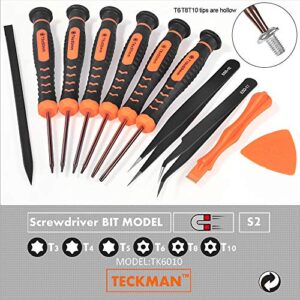 TECKMAN 10 in 1 Torx Screwdriver Set with T3 T4 T5 T6 T8 T10 Security Torx Bit & ESD Tweezers,Magnetic Screwdrivers Precision Repair Kit for Xbox,PS4,Macbook,Computer,Doorbell & Folding knife