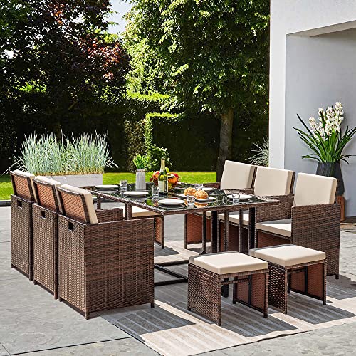 Homall 11 Pieces Patio Dining Sets Outdoor Furniture Patio Wicker Rattan Chairs and Tempered Glass Table Sectional Set Conversation Set Cushioned with Ottoman (Brown)