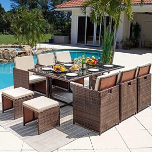 homall 11 pieces patio dining sets outdoor furniture patio wicker rattan chairs and tempered glass table sectional set conversation set cushioned with ottoman (brown)