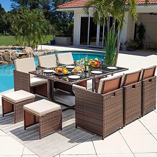 Homall 11 Pieces Patio Dining Sets Outdoor Furniture Patio Wicker Rattan Chairs and Tempered Glass Table Sectional Set Conversation Set Cushioned with Ottoman (Brown)