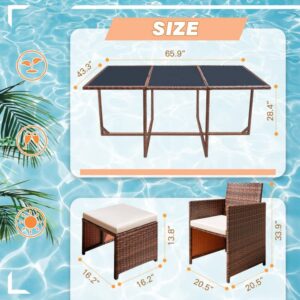 Homall 11 Pieces Patio Dining Sets Outdoor Furniture Patio Wicker Rattan Chairs and Tempered Glass Table Sectional Set Conversation Set Cushioned with Ottoman (Brown)