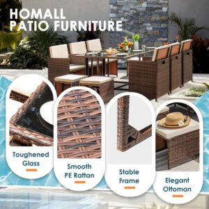 Homall 11 Pieces Patio Dining Sets Outdoor Furniture Patio Wicker Rattan Chairs and Tempered Glass Table Sectional Set Conversation Set Cushioned with Ottoman (Brown)