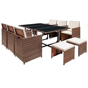 Homall 11 Pieces Patio Dining Sets Outdoor Furniture Patio Wicker Rattan Chairs and Tempered Glass Table Sectional Set Conversation Set Cushioned with Ottoman (Brown)