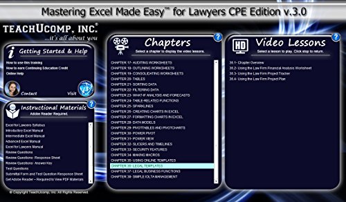 TEACHUCOMP Video Training Tutorial for Microsoft Excel for Lawyers / Attorneys v. 2016 Product Key Card (Download) Course and PDF Manual