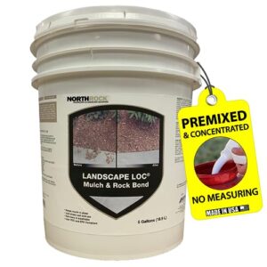 landscape loc mulch & rock bond - landscaping glue, locks mulch, rock, & gravel in place, ready to use, no mixing, fast-drying, strong, sprayable, adhesive, binder, and stabilizer, (5 gallon, 1)