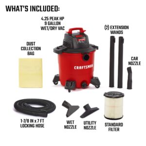 CRAFTSMAN CMXEVBE17590 9 Gallon 4.25 Peak HP Wet/Dry Vac, General Purpose Portable Shop Vacuum with Attachments