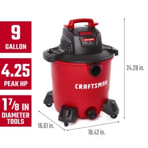 CRAFTSMAN CMXEVBE17590 9 Gallon 4.25 Peak HP Wet/Dry Vac, General Purpose Portable Shop Vacuum with Attachments