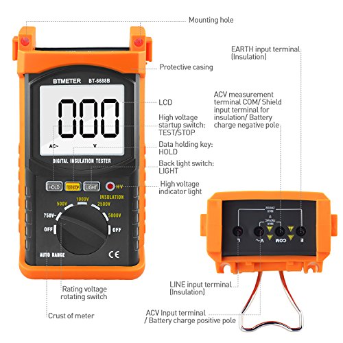 BTMETER BT-6688B Megohmmeter 200 Gig Ohm Digital Insulation Resistance Tester, 500V/1kV/2.5kV/5kV Test Voltage, Auto Ranging, Backlight Display