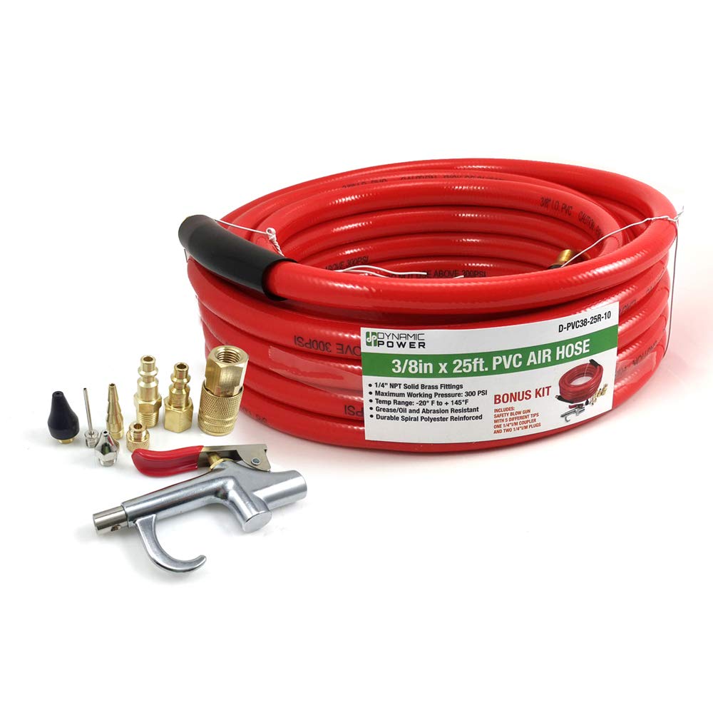 DP Dynamic Power 3/8 x 25 FT PVC Air Compressor Hose WITH 10 Pieces Air Compressor Accessories Kit