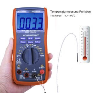 ETEPON Digital Multimeter True RMS 6000 Auto Raging Voltage Tester,Measures Voltage,Current, Resistance,Continuity,Frequency,Capacitance,Temperature,Test Diodes,Transistors WH5000A (Yellow)