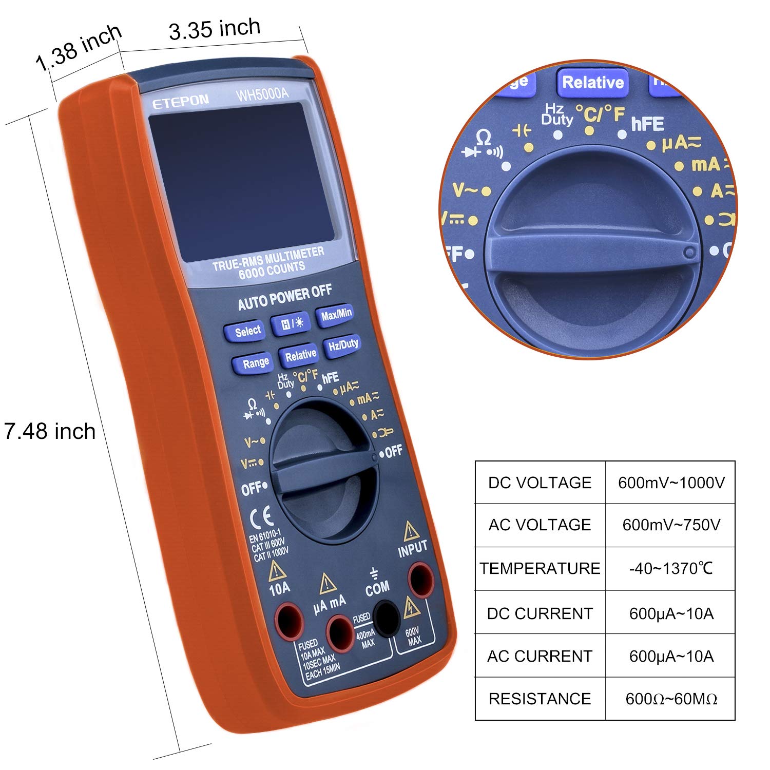 ETEPON Digital Multimeter True RMS 6000 Auto Raging Voltage Tester,Measures Voltage,Current, Resistance,Continuity,Frequency,Capacitance,Temperature,Test Diodes,Transistors WH5000A (Yellow)