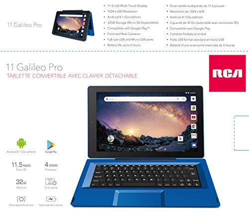 RCA 2018 Newest Premium High Performance Galileo 11.5" 2-in-1 Touchscreen Tablet PC Intel Quad-Core Processor 1GB RAM 32GB Hard Drive Webcam WiFi Bluetooth Android 6.0-Blue