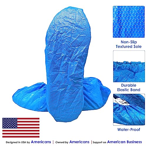 INNOVATIVE HAUS Premium Thick Extra Large Waterproof Disposable Boot & Shoe Covers | Durable, Non-Slip, Textured Treads, Non-Toxic, 100% Latex Free | Stronger than Competitor-5 Mil |100-Pack Blue|