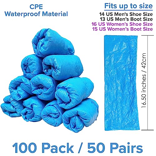 INNOVATIVE HAUS Premium Thick Extra Large Waterproof Disposable Boot & Shoe Covers | Durable, Non-Slip, Textured Treads, Non-Toxic, 100% Latex Free | Stronger than Competitor-5 Mil |100-Pack Blue|