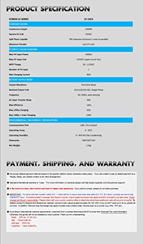 MPP Solar Hybrid or Off-Grid 2400w Pure Sine Wave Power Inverter with mppt Solar Charger 80A DC 24V AC Output 110V 120V with 60A Utility Charger 50HZ or 60HZ