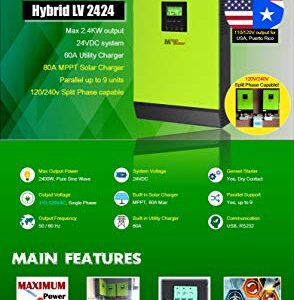 MPP Solar Hybrid or Off-Grid 2400w Pure Sine Wave Power Inverter with mppt Solar Charger 80A DC 24V AC Output 110V 120V with 60A Utility Charger 50HZ or 60HZ