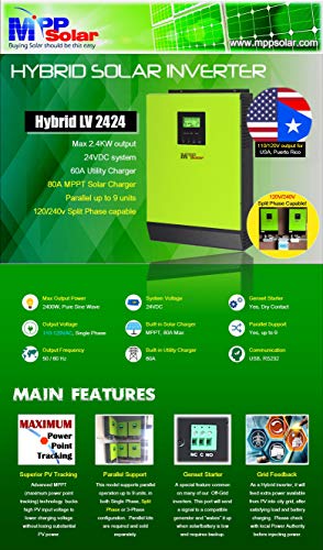 MPP Solar Hybrid or Off-Grid 2400w Pure Sine Wave Power Inverter with mppt Solar Charger 80A DC 24V AC Output 110V 120V with 60A Utility Charger 50HZ or 60HZ