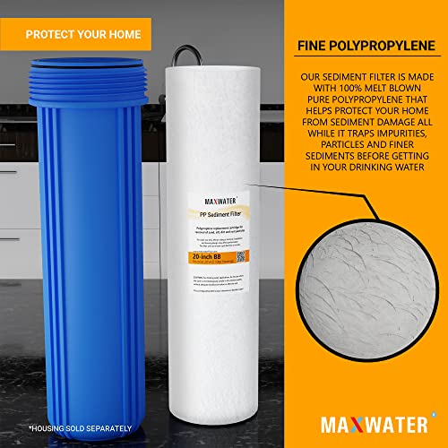 Max Water 20 inch x 4.5 inch, 5 Micron Replacement Sediment Water Filter Cartridge for Whole House, Melt Blown Filtration Fiber for Heavy Duty (Pack of 10)