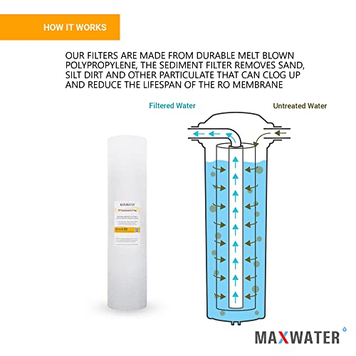 Max Water 20 inch x 4.5 inch, 5 Micron Replacement Sediment Water Filter Cartridge for Whole House, Melt Blown Filtration Fiber for Heavy Duty (Pack of 10)