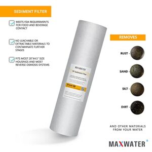 Max Water 20 inch x 4.5 inch, 5 Micron Replacement Sediment Water Filter Cartridge for Whole House, Melt Blown Filtration Fiber for Heavy Duty (Pack of 10)