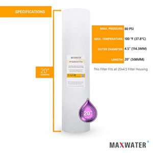 Max Water 20 inch x 4.5 inch, 5 Micron Replacement Sediment Water Filter Cartridge for Whole House, Melt Blown Filtration Fiber for Heavy Duty (Pack of 10)