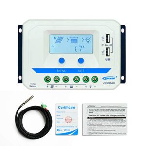 epever solar charge controller 30a 12v 24v 36v 48v auto work max pv 96v solar panel pwm charge controller regulator with lcd display 2pcs usb output for off-grid solar system (30a , vs3048au)