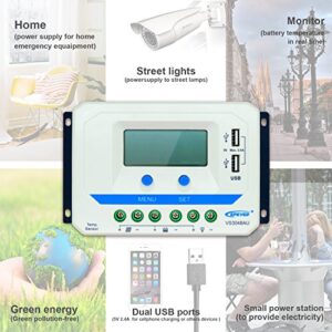 EPever Solar Charge Controller 30A 12V 24V 36V 48V Auto Work Max PV 96V Solar Panel PWM Charge Controller Regulator with LCD Display 2PCs USB Output for Off-Grid Solar System (30A , VS3048AU)